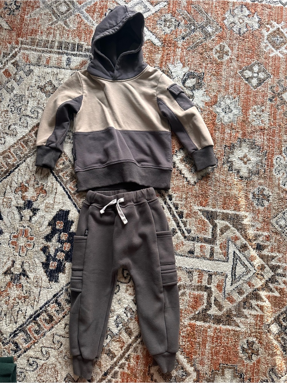 Olive + Scout Kids Two-Tone Hoodie & Jogger Set - Taupe and Charcoal
